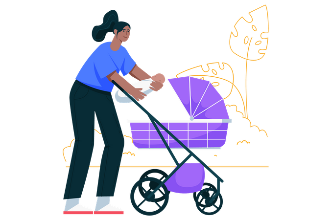 Glückliche Frau hält süßes Baby und legt es in den Kinderwagen  Illustration