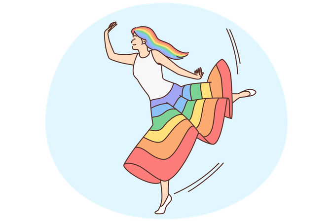 Glückliche Frau im Regenbogenrock tanzt  Illustration