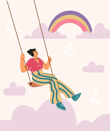 Glückliche Frau in T-Shirt und gestreifter Hose reitet auf einer Schaukel zwischen Wolken und Regenbögen  Illustration