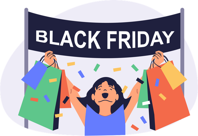 Glückliche Frau erledigt den Einkauf am Black Friday  Illustration