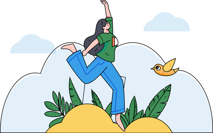 Glückliche Frau lächelt und springt in die Luft  Illustration