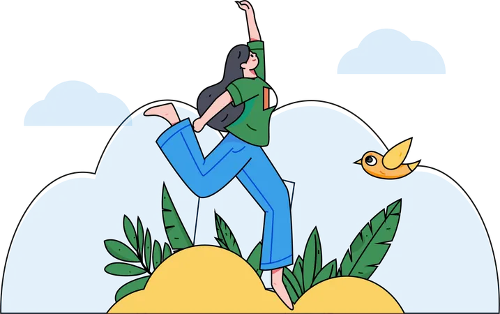 Glückliche Frau lächelt und springt in die Luft  Illustration