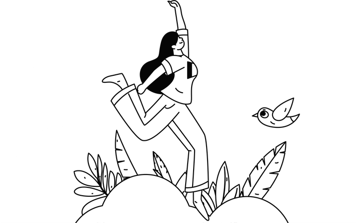 Glückliche Frau lächelt und springt in die Luft  Illustration