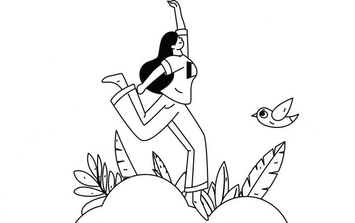 Glückliche Frau lächelt und springt in die Luft  Illustration