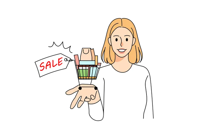 Glückliche Frau mit Einkaufswagen begeistert vom Verkauf  Illustration