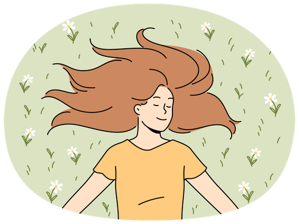 Glückliche Frau mit langen Haaren liegt mit geschlossenen Augen auf dem Gras im Park und lächelt und freut sich über das Sonnenlicht  Illustration