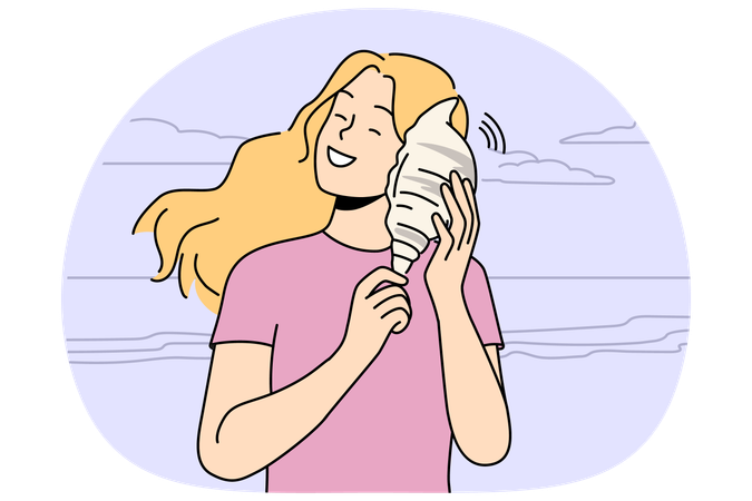 Glückliche Frau mit Muschel am Strand  Illustration