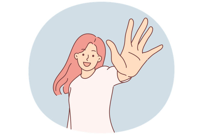 Glückliche Frau streckt die Hand zum Bildschirm aus, sagt „Hallo“ und demonstriert mit den Fingern die Zahl fünf  Illustration