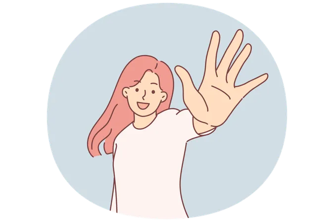 Glückliche Frau streckt die Hand zum Bildschirm aus, sagt „Hallo“ und demonstriert mit den Fingern die Zahl fünf  Illustration