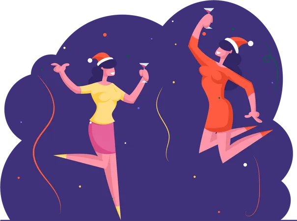 Glückliche Frauen halten Cocktailgläser und tanzen und springen mit erhobenen Händen  Illustration