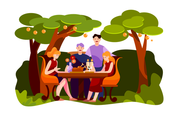 Glückliche Freunde essen Fleisch zum Abendessen bei einer Gartenparty in der Nacht  Illustration