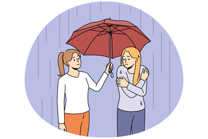 Glückliche fürsorgliche Frau helfen unglücklichen nassen Freund teilen Regenschirm  Illustration