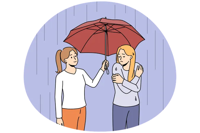 Glückliche fürsorgliche Frau helfen unglücklichen nassen Freund teilen Regenschirm  Illustration