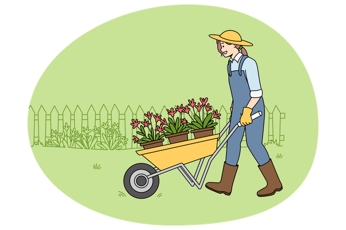 Glückliche Gärtnerin in Uniform mit Radwagen bei Arbeiten im Freien  Illustration