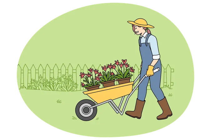 Glückliche Gärtnerin in Uniform mit Radwagen bei Arbeiten im Freien  Illustration