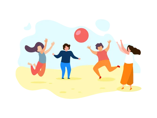 Glückliche Gruppe von Kindern spielen Ball am Strand  Illustration