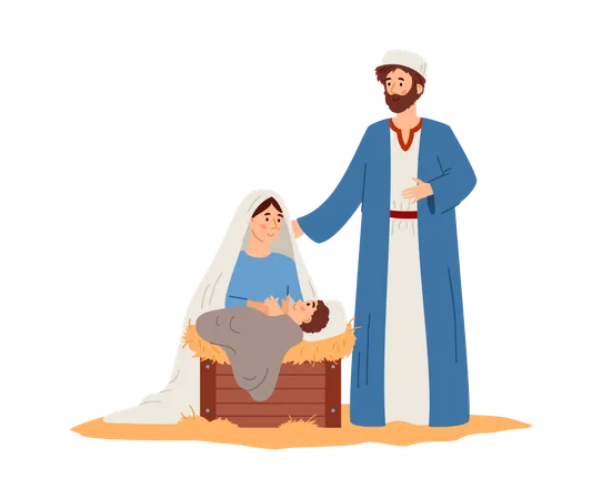 Glückliche Heilige Familie Josef und Maria mit dem neugeborenen Jesuskind  Illustration