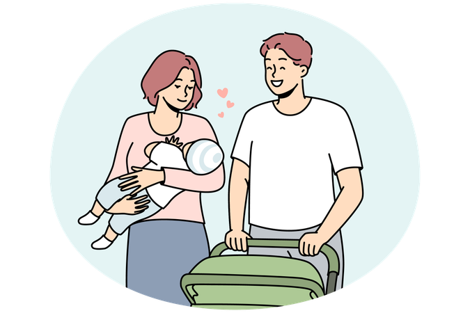 Glückliche junge Familie mit Baby zu Fuß mit Kinderwagen im Freien  Illustration
