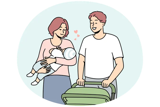 Glückliche junge Familie mit Baby zu Fuß mit Kinderwagen im Freien  Illustration