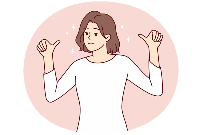 Glückliche junge Frau zeigen Daumen hoch zeigt auf sie  Illustration