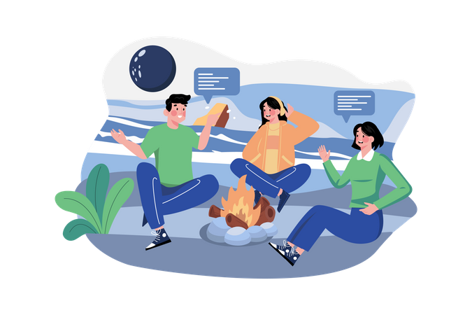 Glückliche junge Freunde sitzen am Lagerfeuer am Strand in einem nächtlichen Wald  Illustration