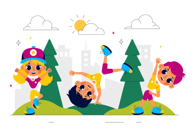 Glückliche Kinder beim Sport im Park  Illustration