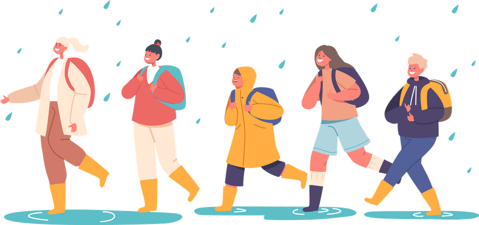 Glückliche Kinder laufen ohne Regenschirm im Regen  Illustration