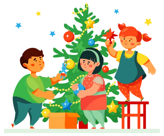 Glückliche Kinder schmücken Weihnachtsbaum  Illustration