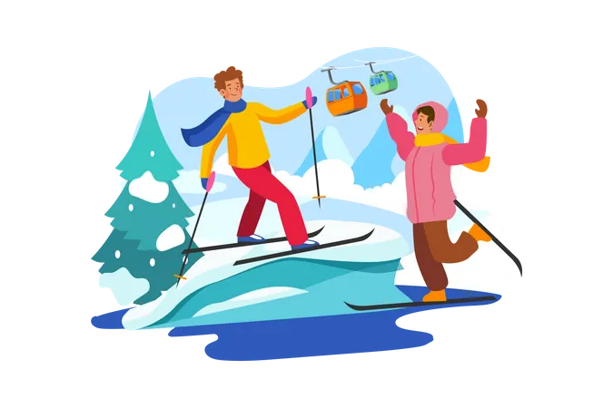 Glückliche Kinder beim Skifahren  Illustration