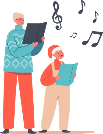 Glückliche Kinder mit Weihnachtsmannmützen und Strickpullovern singen Weihnachtslieder  Illustration