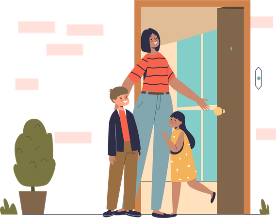 Glückliche Kinder treffen Mama nach einem Ausflug oder einer Arbeit im Freien an der Haustür zu Hause  Illustration