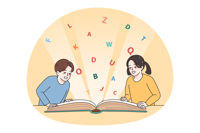 Glückliche kleine Kinder lesen gemeinsam ein Buch  Illustration