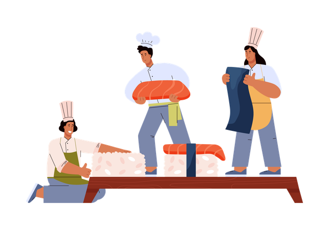 Glückliche Menschen machen riesige Sushi-Rollen  Illustration