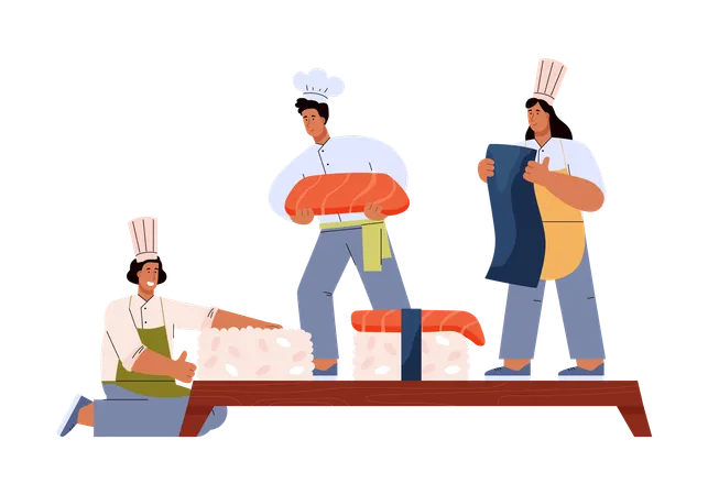 Glückliche Menschen machen riesige Sushi-Rollen  Illustration