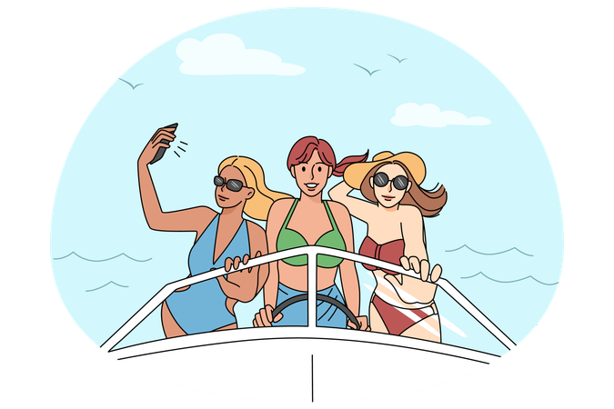 Glückliche Mädchen beim Radfahren auf der Yacht  Illustration
