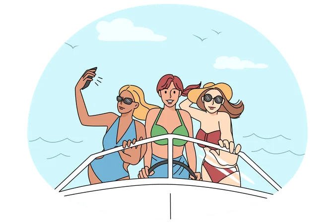 Glückliche Mädchen beim Radfahren auf der Yacht  Illustration