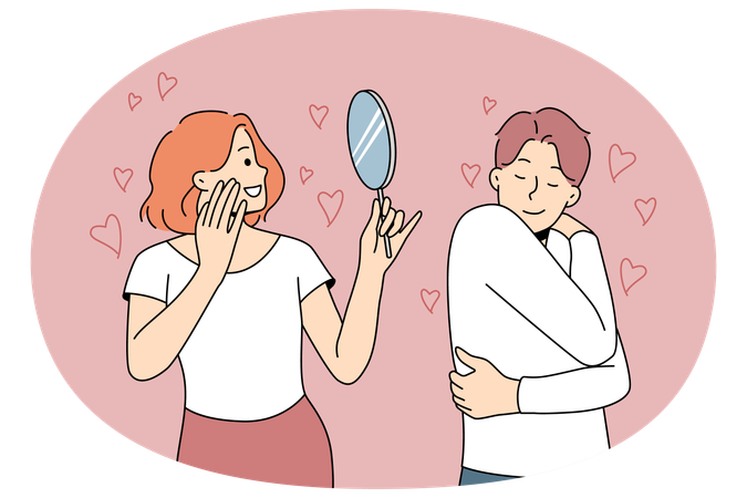 Glückliche Menschen, die in den Spiegel schauen und sich selbst umarmen, um Selbstliebe und Bewunderung zu zeigen  Illustration