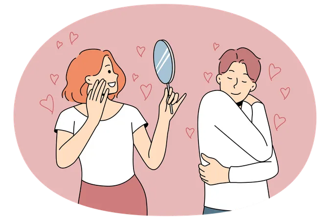 Glückliche Menschen, die in den Spiegel schauen und sich selbst umarmen, um Selbstliebe und Bewunderung zu zeigen  Illustration