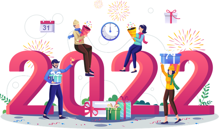 Glückliche Menschen feiern das neue Jahr 2022  Illustration