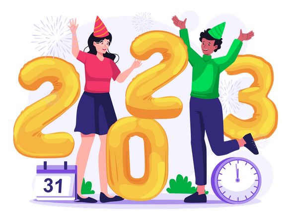 Glückliche Menschen feiern das neue Jahr 2023  Illustration