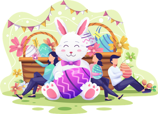 Glückliche Menschen feiern Ostern mit einem Hasen  Illustration