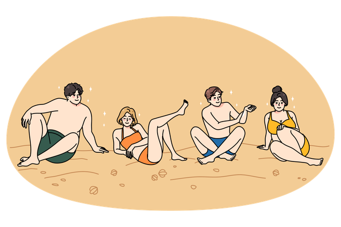 Glückliche Menschen im Badeanzug sitzen am Strand und genießen gemeinsam den Sommerurlaub  Illustration