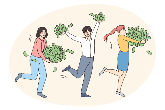Glückliche Menschen laufen mit Haufen Geld  Illustration