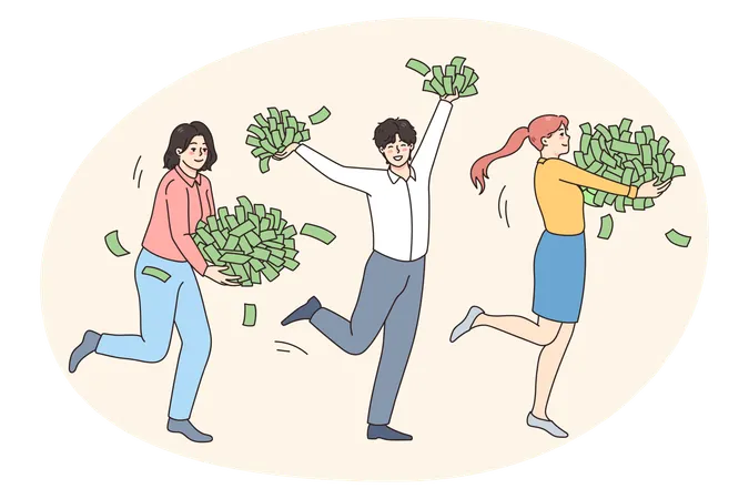 Glückliche Menschen laufen mit Haufen Geld  Illustration