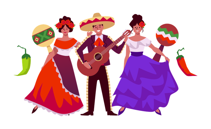 Glückliche Mexikaner in traditionellen Kostümen  Illustration