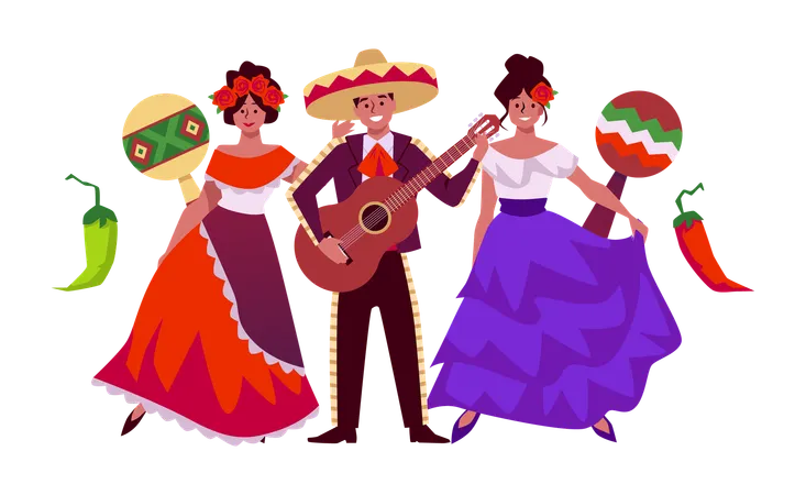Glückliche Mexikaner in traditionellen Kostümen  Illustration