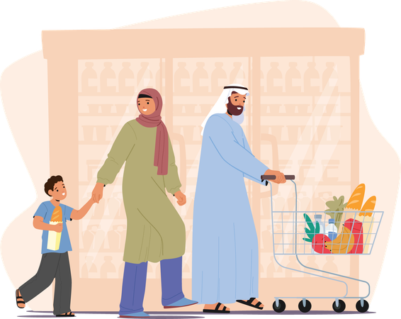 Glückliche muslimische Familie beim Einkaufen im Lebensmittelgeschäft  Illustration