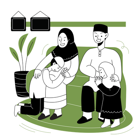 Glückliche muslimische Familie sitzt im Wohnzimmer  Illustration