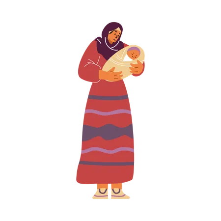 Glückliche Mutter im Hijab, die ihr Baby ins Bett bringt  Illustration