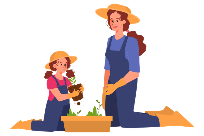 Glückliche Mutter und ihre Tochter im Garten  Illustration